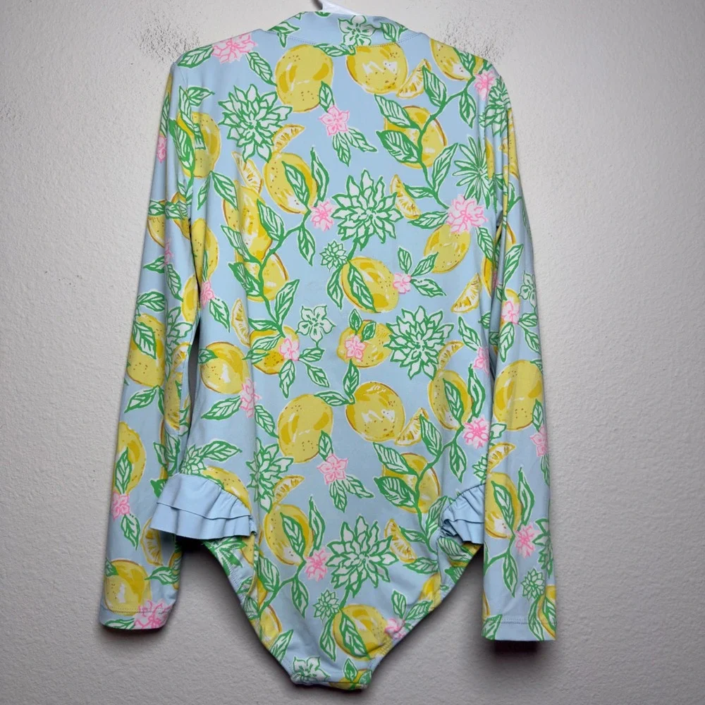 Lilly Pulitzer Girls Denning Rashguard Swimsuit 12 Blue Make Lemonade UPF 50+